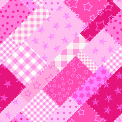Fototapete - Textille patchwork pattern. Pink pattern in Barbie style. Seamless Vector image.