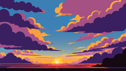Wall Mural - Painting of a sunset with clouds and a sun setting in the distance with a blue sky and a red sun, colorful clouds, vector art, color field. Cartoon anime background. Vector illustration.