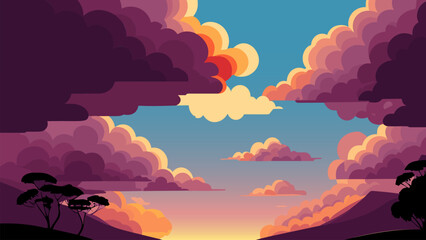 Wall Mural - Painting of a sunset with clouds and trees in the foreground and a blue sky with clouds in the background, colorful clouds, a storybook illustration, context art. Cartoon anime background.