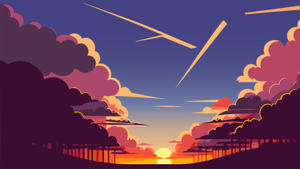 Wall Mural - Painting of a sunset with clouds and a plane flying over it and a bridge in the distance with a sunset in the background, plain background, vector art. Cartoon anime background.