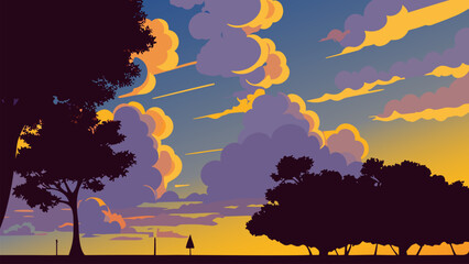 Wall Mural - Painting of a sunset with clouds and trees in the foreground and a clock tower in the distance, colorful clouds, an ultrafine detailed painting, american scene painting. Cartoon anime background.