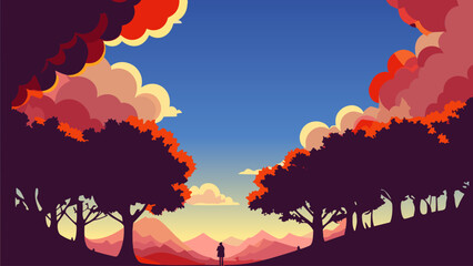 Wall Mural - Man standing in the middle of a forest under a blue sky with clouds and trees in the background, colorful flat surreal design, vector art. Cartoon anime background.