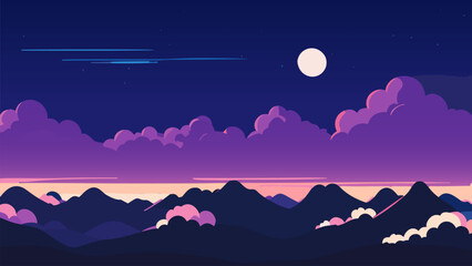 Wall Mural - Purple and blue sky with a full moon and clouds above mountains and a few stars and clouds in the sky, night sky, a matte painting, space art. Cartoon anime background.