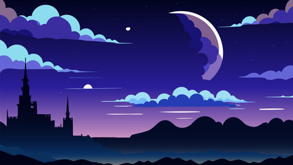 Wall Mural - Purple and blue sky with clouds and a moon in the distance with a building in the foreground, colorful flat surreal design, vector art, space art. Cartoon anime background.
