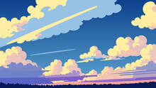 Painting Of A Sky With Clouds And A Plane In The Sky Above It With A Blue Sky And Yellow Clouds, Vector Art, Space Art. Cartoon Anime Background.