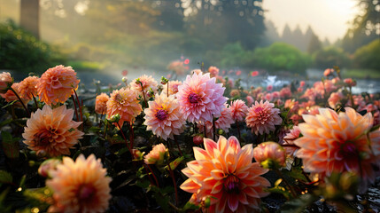 Wall Mural - Many dahlia flowers in autumn park