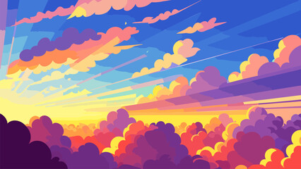 Wall Mural - Painting of a sunset with clouds and sunbeams in the sky and a blue sky with clouds, colorful clouds, a storybook illustration, color field. Cartoon anime background.