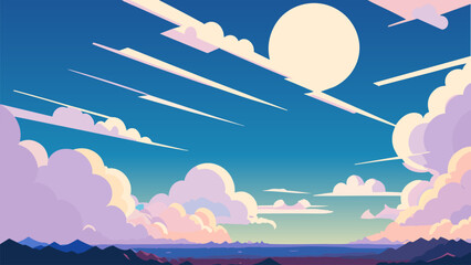 Wall Mural - Painting of a sunset with clouds and a plane flying in the sky above the mountains and the ocean, concept art, space art. Cartoon anime background.