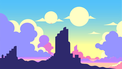 Wall Mural - City skyline with a tall building in the distance and clouds in the sky above it, with a bright sun in the background, colorful clouds, a matte painting, space art. Cartoon anime background.