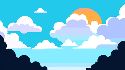 Wall Mural - Cartoon of a sunset with clouds and a sun in the sky above it and a blue sky with white clouds, colorful clouds, a matte painting, color field. Cartoon anime background.