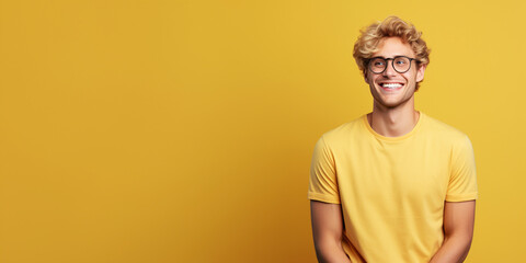 Attractive blond man wearing yellow tshirt and glasses. Isolated on yellow background.