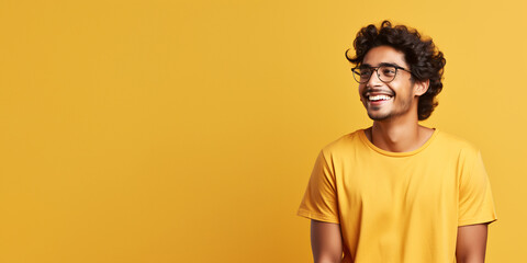Attractive indian man wearing yellow tshirt and glasses. Isolated on yellow background.