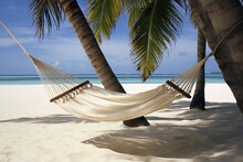 Hammock Between Palm Trees On A Tropical Beach.