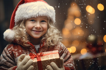 christmas, holidays and people concept - smiling little girl in red hat with gift box over living room background