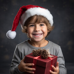 smiling little boy in santa hat with christmas gift box