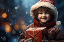 Smiling Little Boy In Santa Hat With Christmas Gift Box