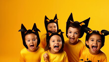 Happy Cheerful Kids In Witch Costume And Terrible Makeup With Pumpkin Basket Make Scary Gestures And Celebrates Halloween And Laughs On Yellow Background. AI Generated