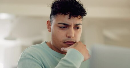 Poster - Young man, thinking and laptop in home office for vision, ideas or analysis for freelance copywriting. Entrepreneur, computer and brainstorming for typing, report or planning proposal for remote work