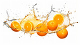 Fototapeta  - Delicious and juicy oranges fruit flying over, with many squirts of fresh water on white background