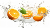 Fototapeta Fototapety do łazienki - Delicious and juicy oranges fruit flying over, with many squirts of fresh water on white background