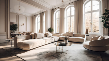 living room with soft beige furniture in a light luxury interior design of a modern apartment in a minimalist style with marble trim and huge windows. daylight inside.