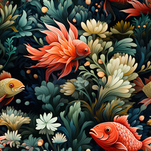 Fish Vector Japanese Traditional Illustrations Of Red Fish In A Pond Or Sea With Flowers And Seaweed For Seamless Pattern, Background Or Poster.