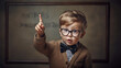 Little boy scientist arguing against a blackboard.Raises his index finger up.Created with Generative AI technology.
