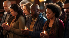 Group Of People During Prayer In A Church.