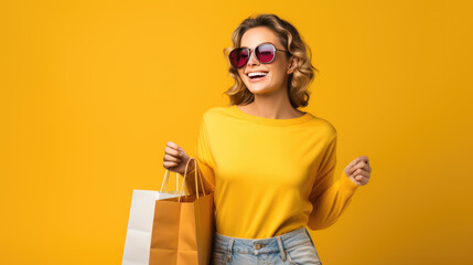 Poster - Beautiful attractive smiling woman in sunglasses holding shopping bags posing on yellow background. Created with Generative AI technology.