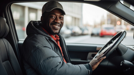 Wall Mural - Man sits behind the wheel of a car and smiles