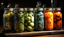 Glass Jars With Pickled Vegetables And Fruit. AI Generated