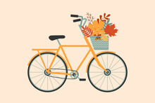 Beautiful Retro Bike With Basket Of Autumn Leaves Of Maple, Mountain Ash, Oak, Chestnut. Vintage Autumn Postcard, Poster. Autumn Nature Vintage Journey Concept. Romance. Flat Vector Illustration