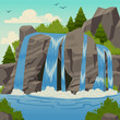 Wild waterfall landscape. Cartoon mountain river waterfall with rocks and trees, seething water cascade flat vector illustration