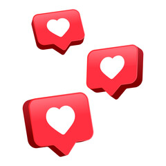 Wall Mural - 3d Heart like in speech bubble icon background. social media notification icons 3d modern, love like icon chat bubbles social network post reactions - favorite hearts, 3d rendering, 3d illustration