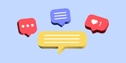 Wall Mural - 3D chat message speech bubble icons with heart like notification icon. social media and social network communication design background. 3d rendering vector illustration