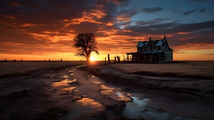 Wall Mural - sunset over farmhouse