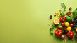 Fresh and healthy vegetable and fruits seen from above isolated in green background with copy space.