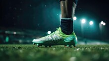 Close up soccer shoes of football player kick football on grass in the center of the stadium illuminated by the floodlights