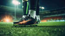 Close Up Soccer Shoes Of Football Player Kick Football On Grass In The Center Of The Stadium Illuminated By The Floodlights