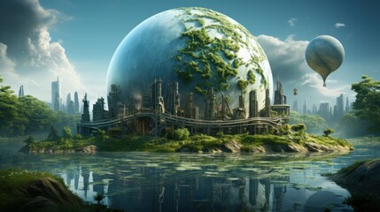 Wall Mural - symbolic 3d image of the globe with elements of human activity and nature landscape. eliminate waste