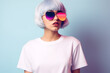 © Rytis - Fashion, lifestyles, make-up, commercials concept. Young and beautiful woman portrait wearing white t-shirt. Bright and muted colors, youth style. Blank white t-shirt with copy space. Generative AI