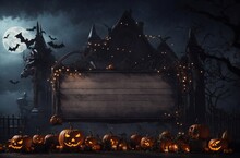 Happy Halloween Holiday Background. Wooden Fence. Halloween Card With Copy Space.