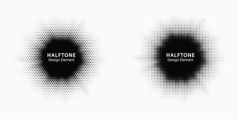 Halftone circle frame background set. Round border Icon using halftone random circle. Grunge circular stain. Vector illustration.	