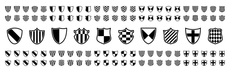 Protect shield vector set. Shields of various shapes with various patterns. A set of transparent icons symbolizing protection. Vector flat illustration