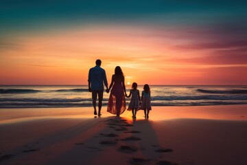 family, sunset, beach, summer, sea, journey, ocean, travel, nature, trip. background picture is family walk together with children at beach when sunset. out of sight has twilight sky on summer sea.