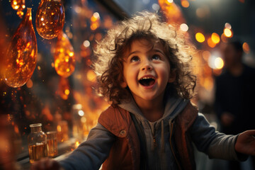 Poster - enthusiastic faces light up as children observe a chemical reaction creating bubbles and colors, cap