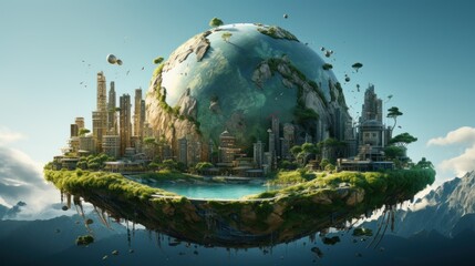 Wall Mural - symbolic 3d image of the globe with elements of human activity and nature landscape. eliminate waste