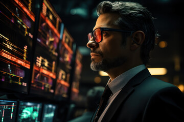 Poster - An investor uses augmented reality glasses to visualize real-time market data and trends. Concept of Technological Innovation. Generative Ai.