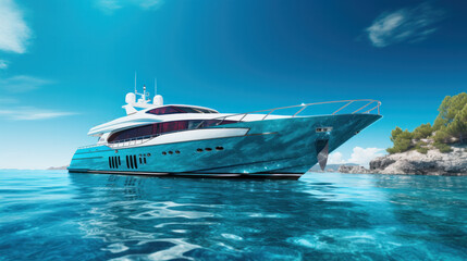 Wall Mural - Large private motor yacht at sea near by tropic island