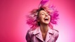 Leinwandbild Motiv cheerful and funny happy woman in vivid shine pink background, Generative AI